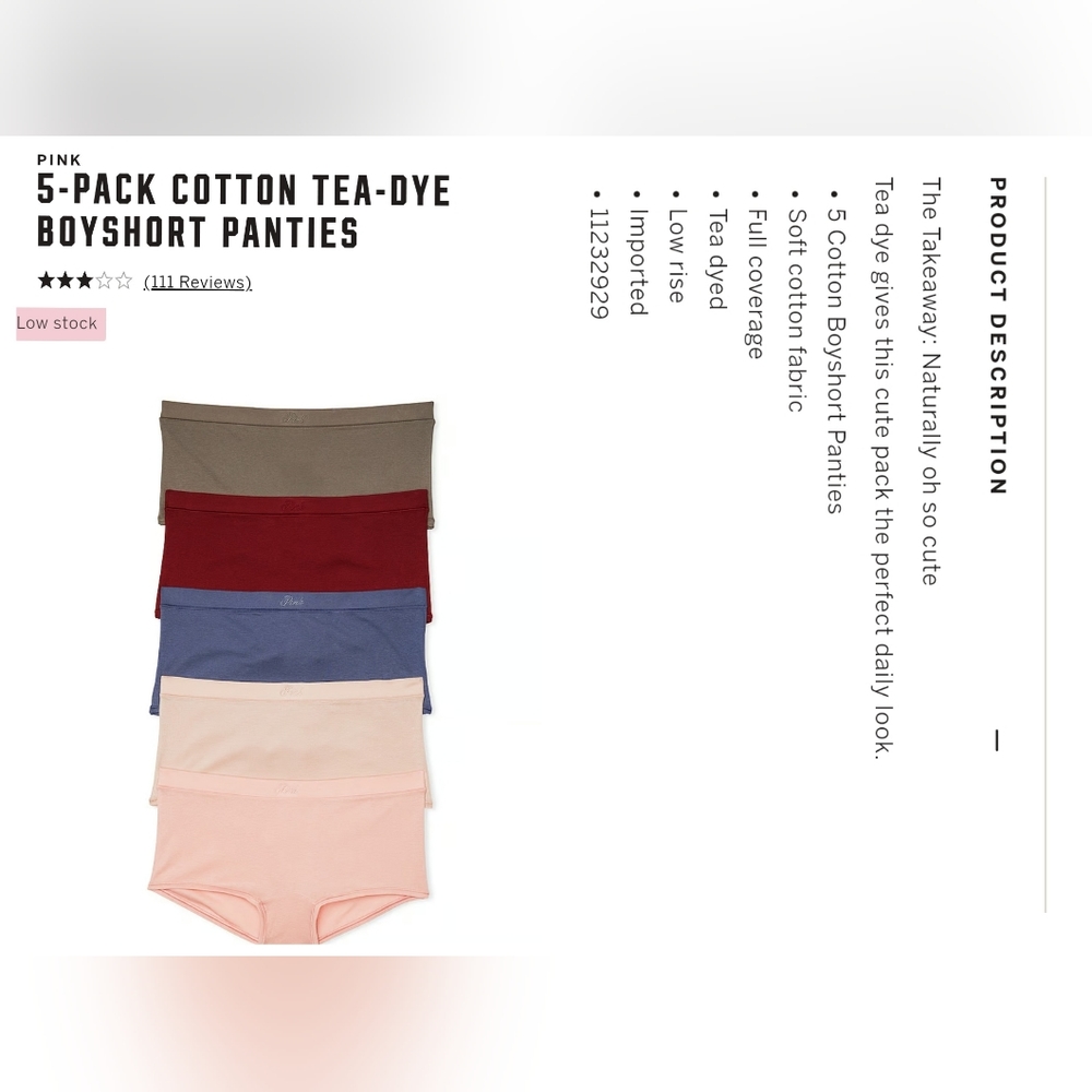 Victoria's secret pink 5 pack cotton tea-dye boyshort panties XSMALL